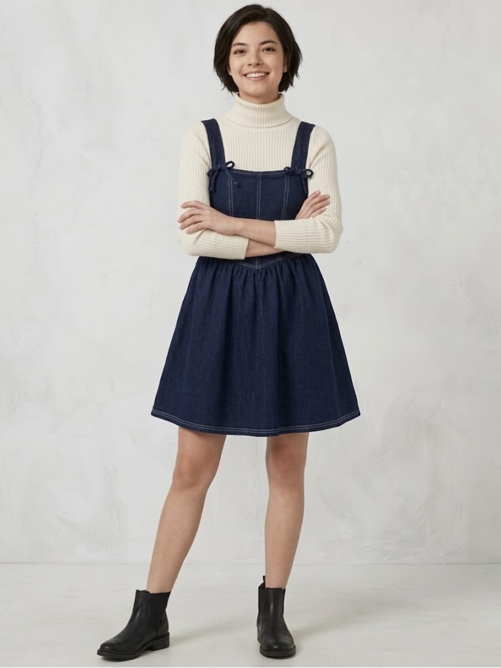 Francesca's Collections Navy Blue Denim Pinafore Mini Dress